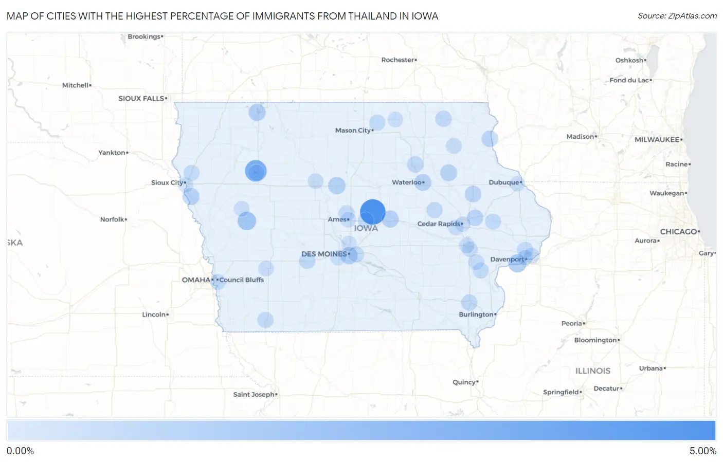 Cities with the Highest Percentage of Immigrants from Thailand in Iowa Map