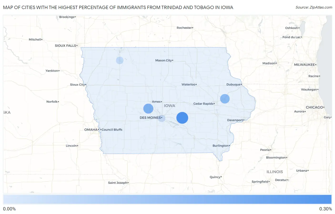 Cities with the Highest Percentage of Immigrants from Trinidad and Tobago in Iowa Map