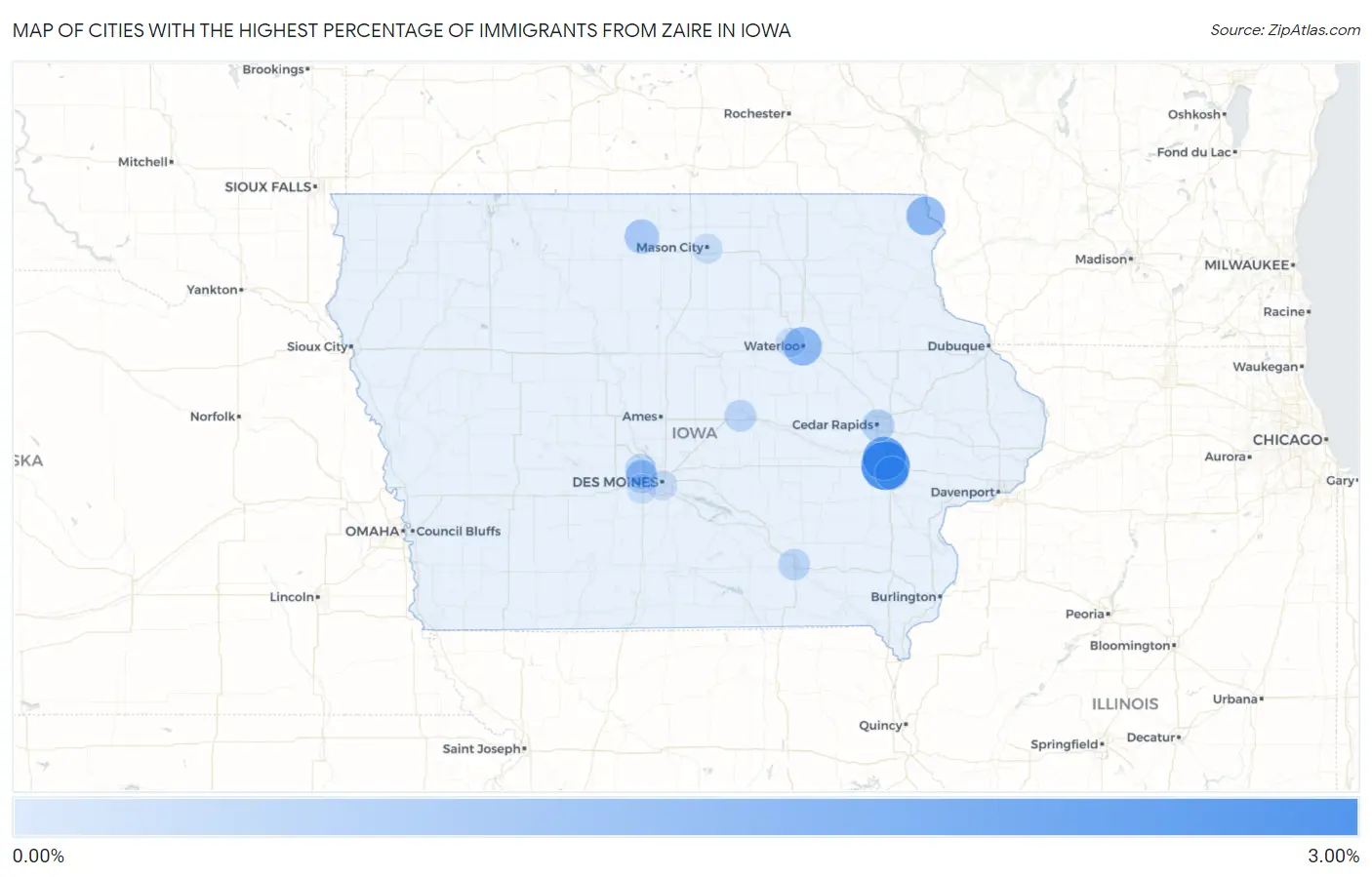 Cities with the Highest Percentage of Immigrants from Zaire in Iowa Map