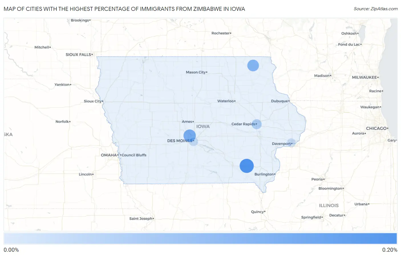 Cities with the Highest Percentage of Immigrants from Zimbabwe in Iowa Map