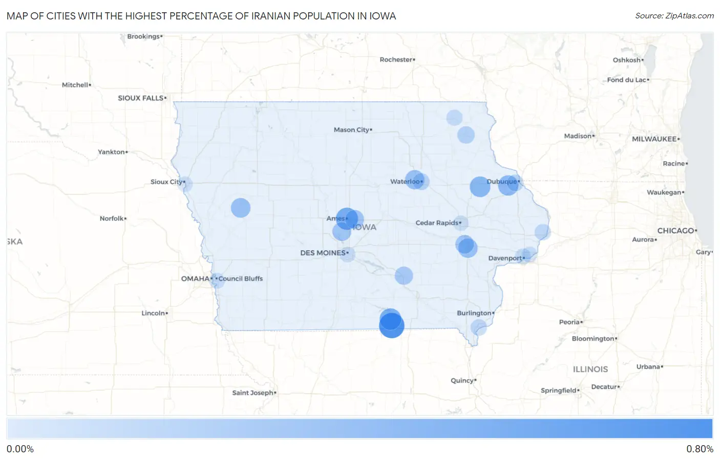 Cities with the Highest Percentage of Iranian Population in Iowa Map