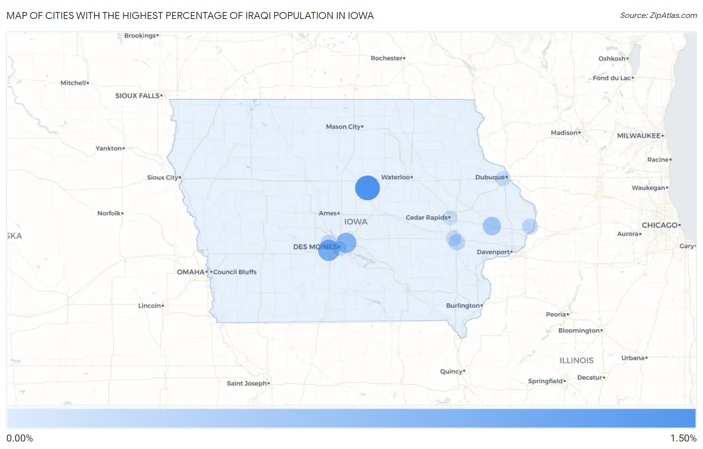 Cities with the Highest Percentage of Iraqi Population in Iowa Map
