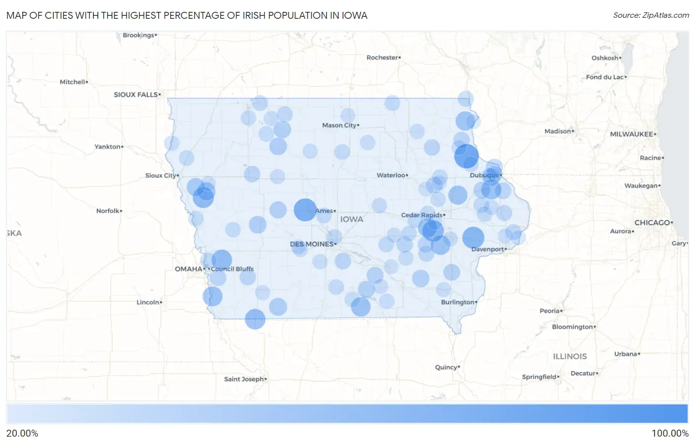 Cities with the Highest Percentage of Irish Population in Iowa Map