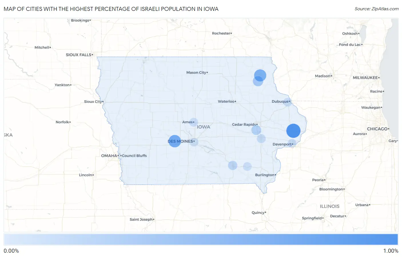 Cities with the Highest Percentage of Israeli Population in Iowa Map