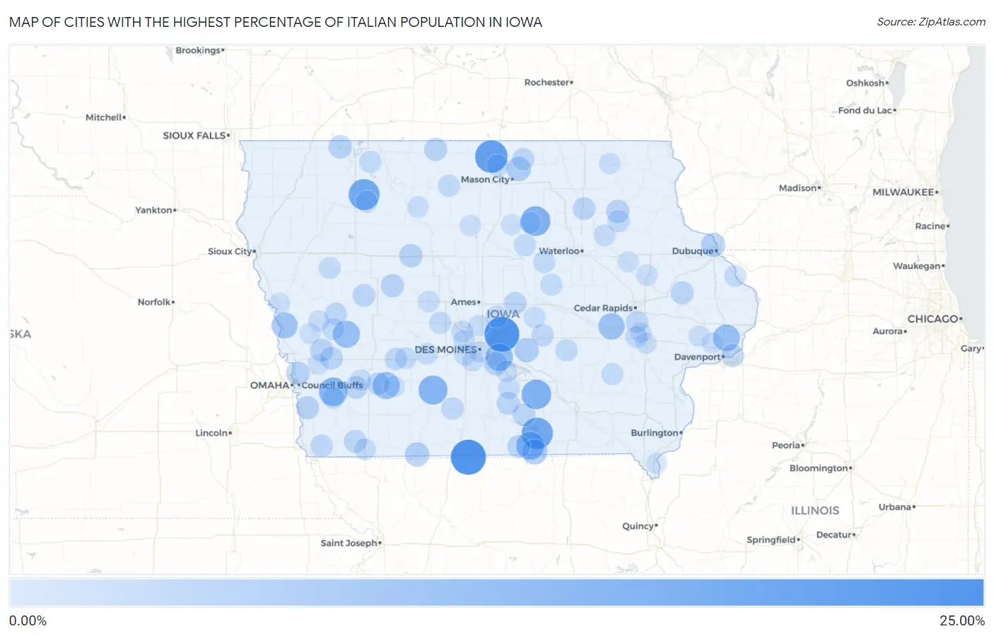 Cities with the Highest Percentage of Italian Population in Iowa Map