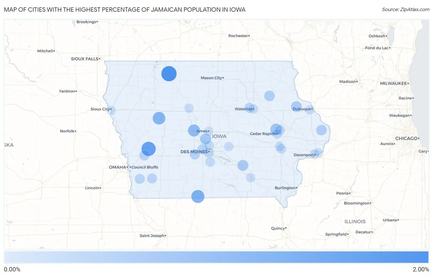 Cities with the Highest Percentage of Jamaican Population in Iowa Map