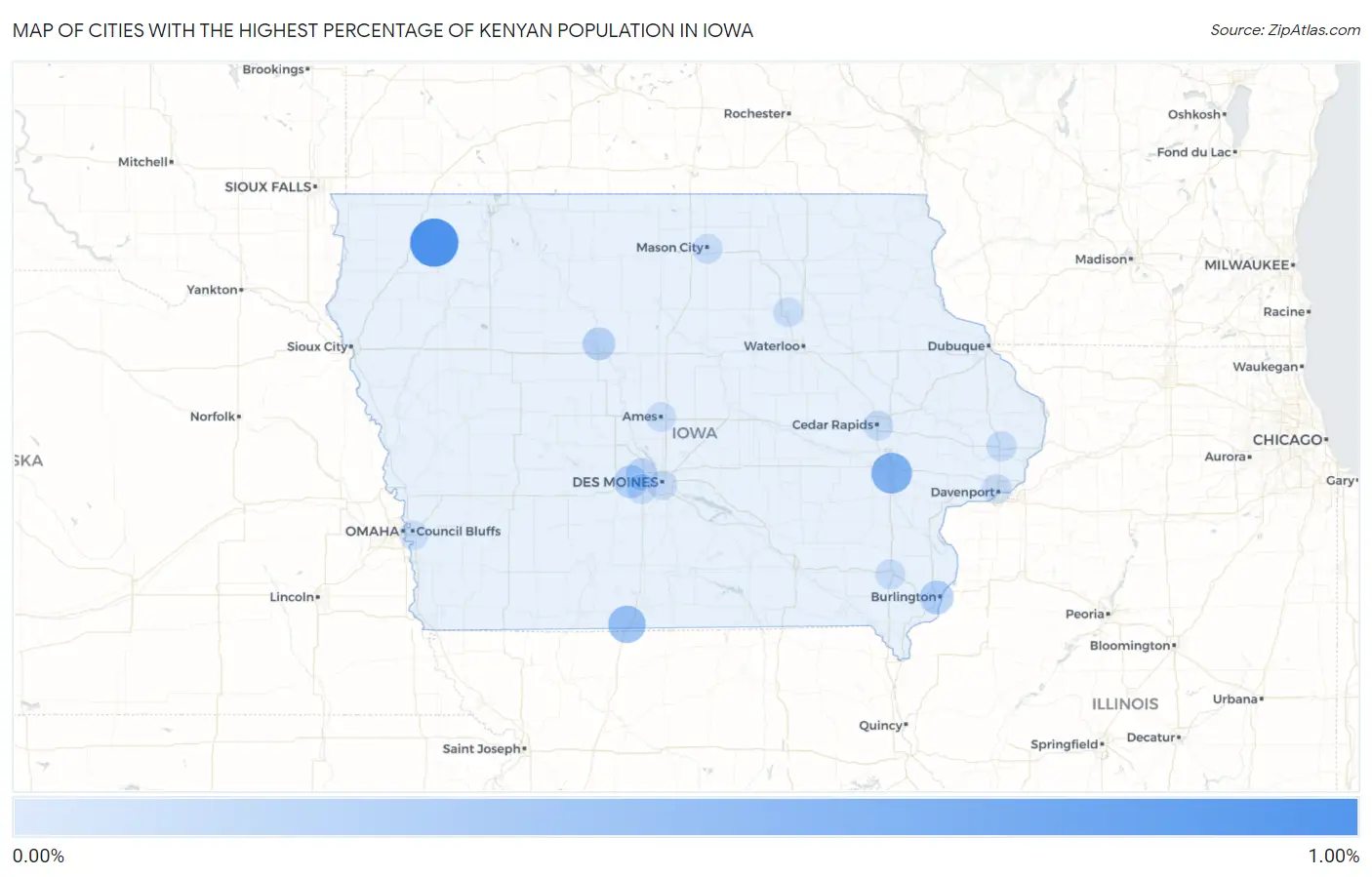 Cities with the Highest Percentage of Kenyan Population in Iowa Map