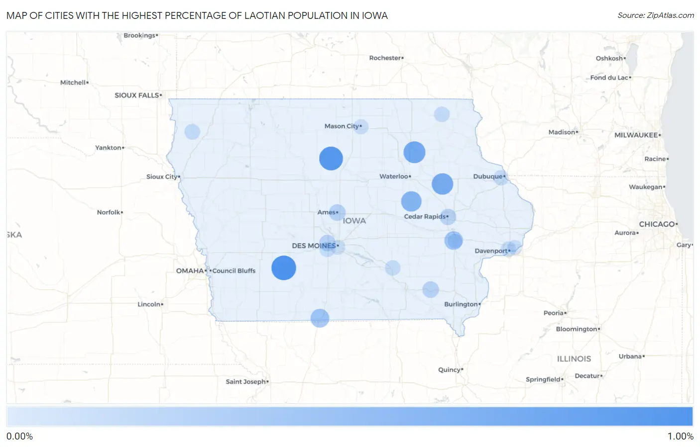 Cities with the Highest Percentage of Laotian Population in Iowa Map