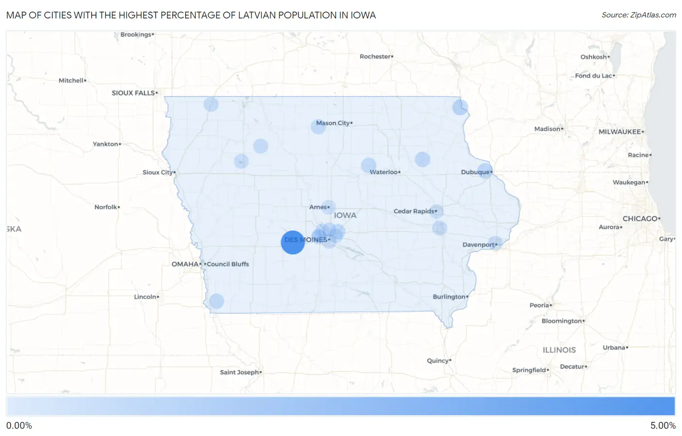 Cities with the Highest Percentage of Latvian Population in Iowa Map