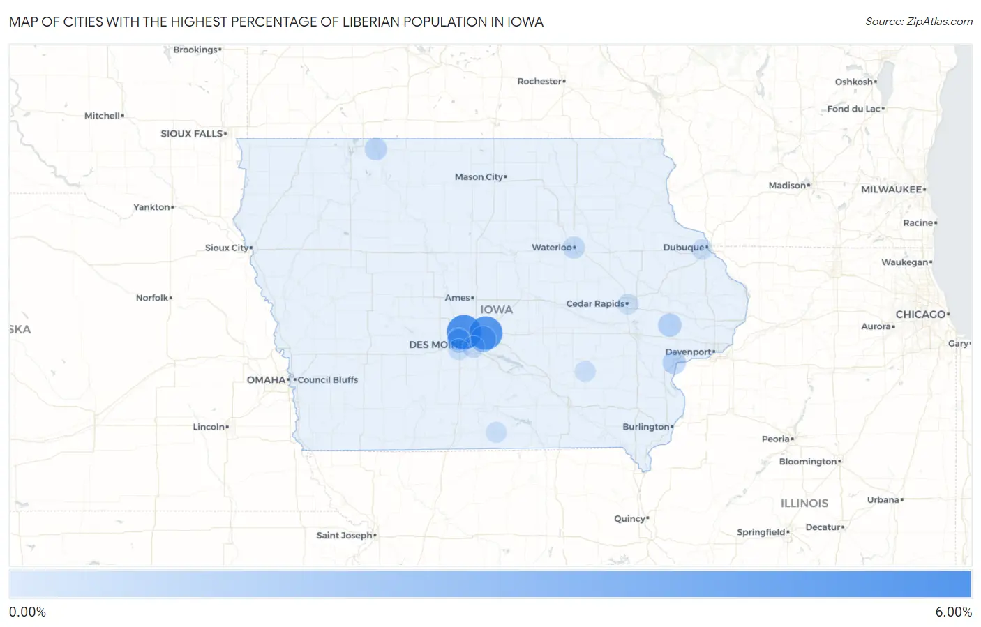 Cities with the Highest Percentage of Liberian Population in Iowa Map