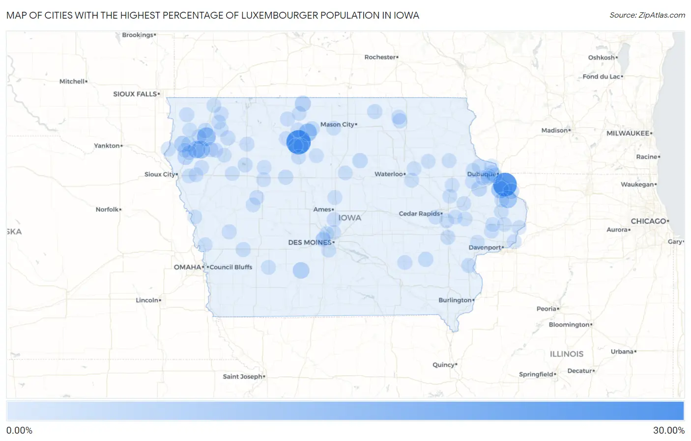 Cities with the Highest Percentage of Luxembourger Population in Iowa Map