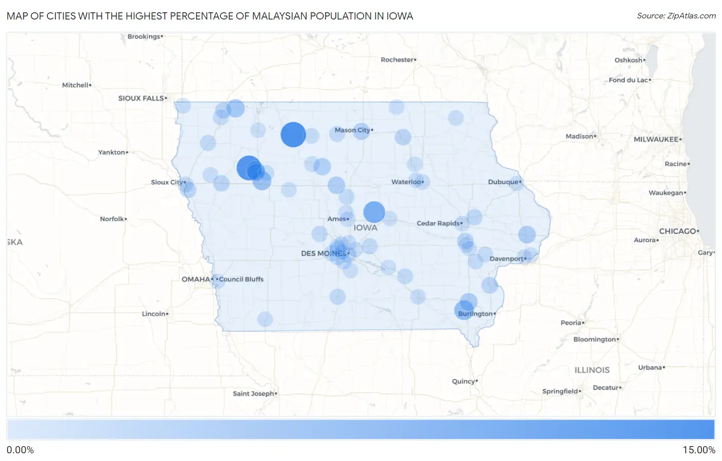 Cities with the Highest Percentage of Malaysian Population in Iowa Map