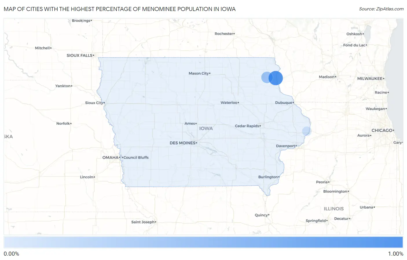Cities with the Highest Percentage of Menominee Population in Iowa Map
