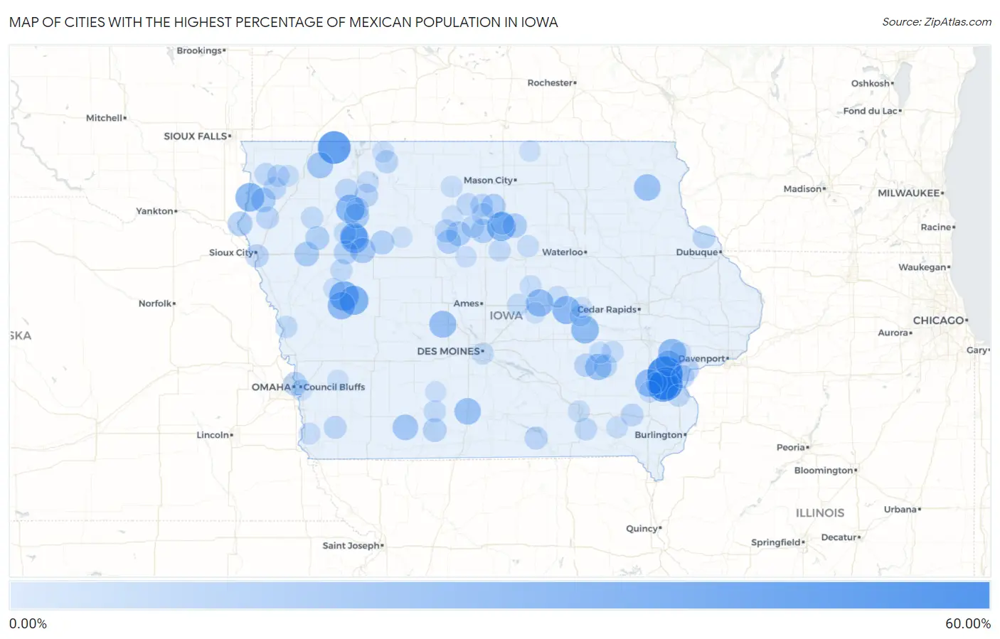 Cities with the Highest Percentage of Mexican Population in Iowa Map