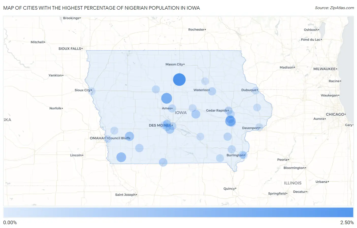 Cities with the Highest Percentage of Nigerian Population in Iowa Map
