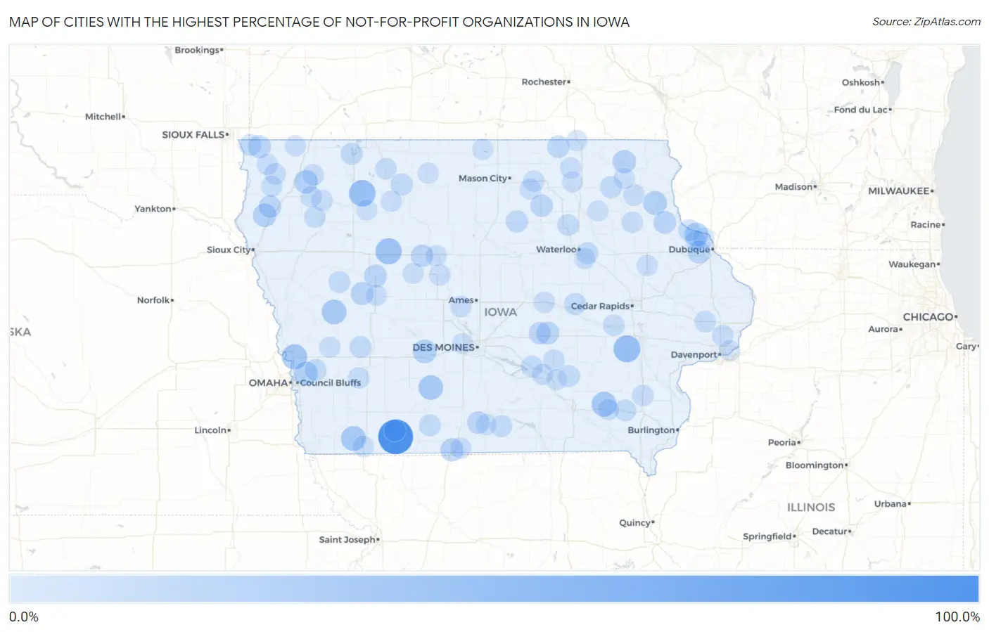 Cities with the Highest Percentage of Not-for-profit Organizations in Iowa Map