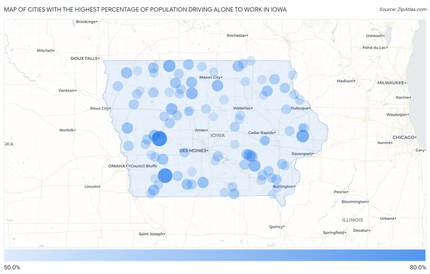 Cities with the Highest Percentage of Population Driving Alone to Work in Iowa Map