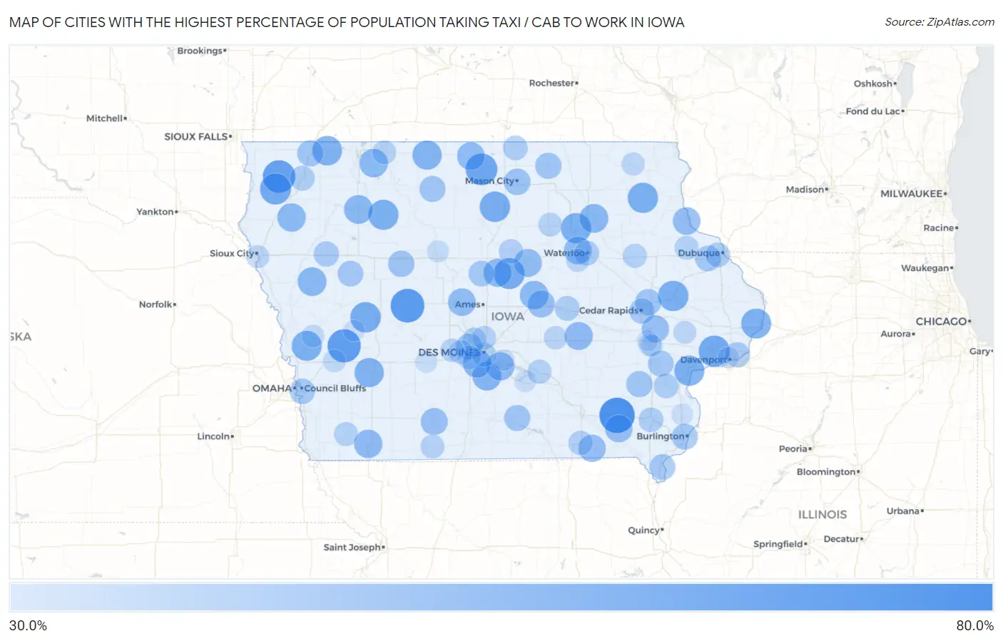Cities with the Highest Percentage of Population Taking Taxi / Cab to Work in Iowa Map