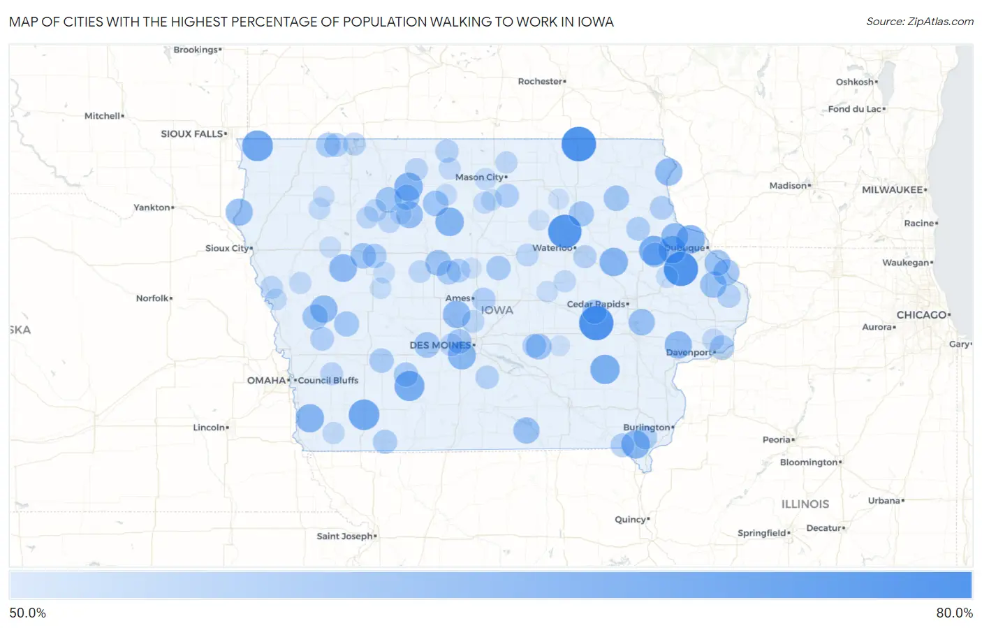 Cities with the Highest Percentage of Population Walking to Work in Iowa Map