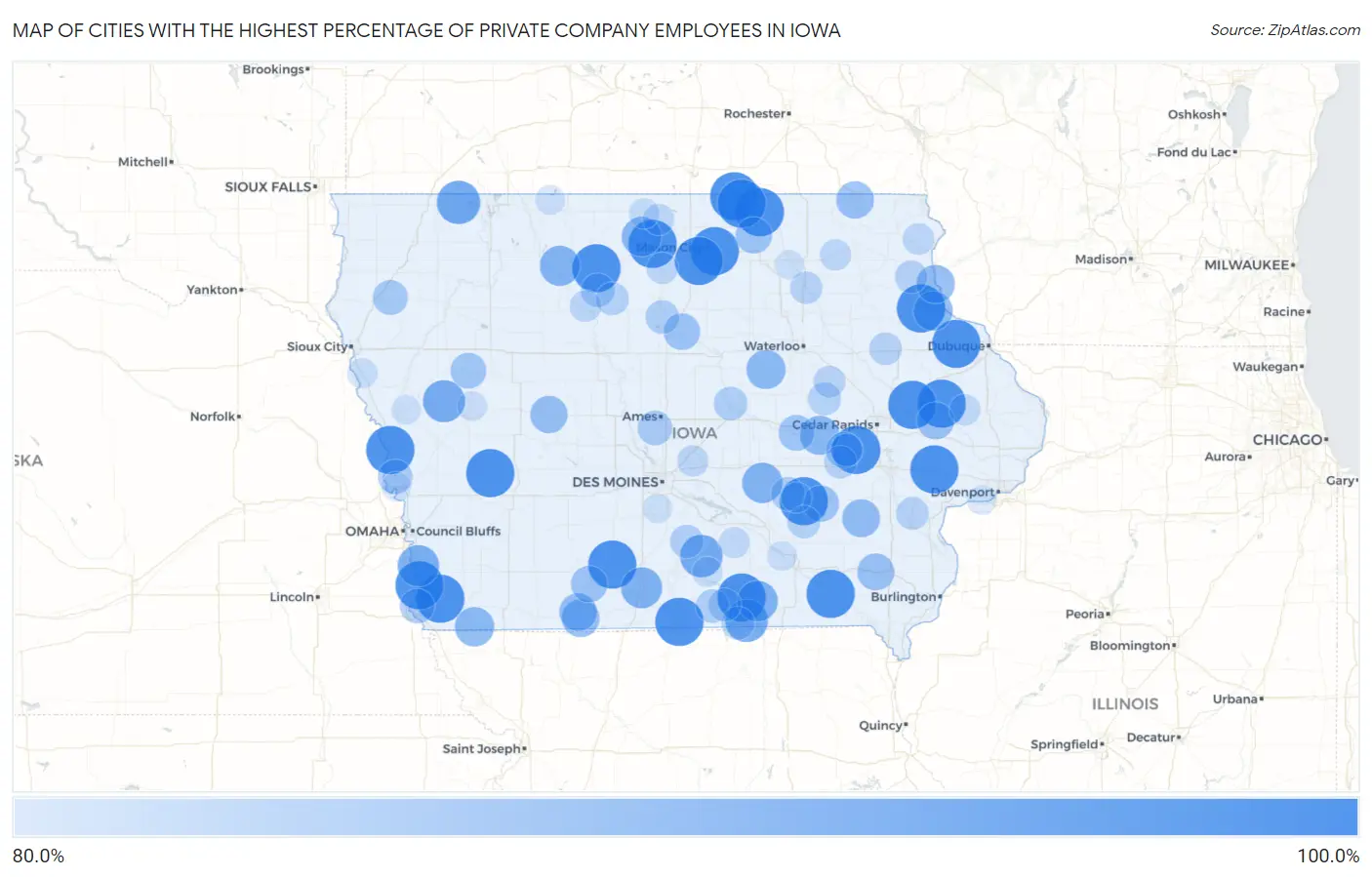 Cities with the Highest Percentage of Private Company Employees in Iowa Map