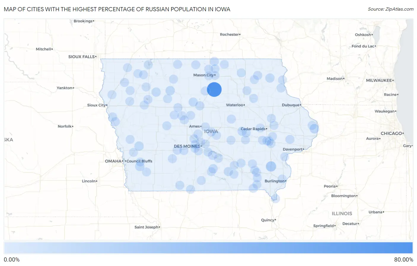 Cities with the Highest Percentage of Russian Population in Iowa Map