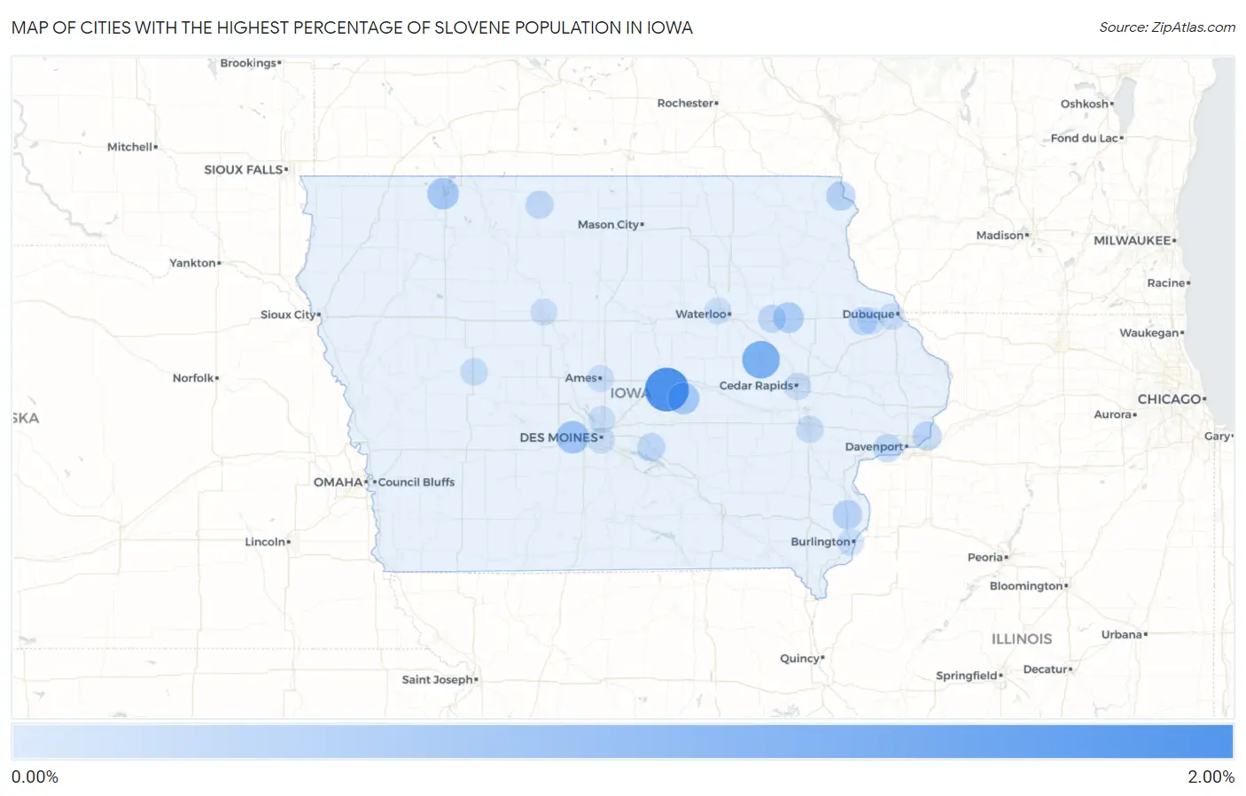 Cities with the Highest Percentage of Slovene Population in Iowa Map