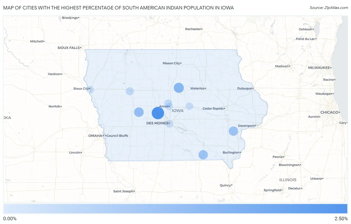 Cities with the Highest Percentage of South American Indian Population in Iowa Map