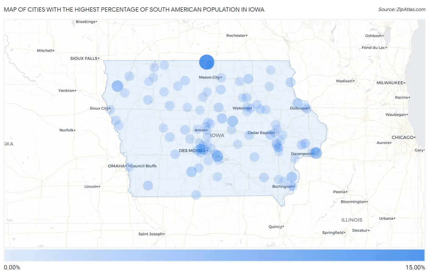 Cities with the Highest Percentage of South American Population in Iowa Map