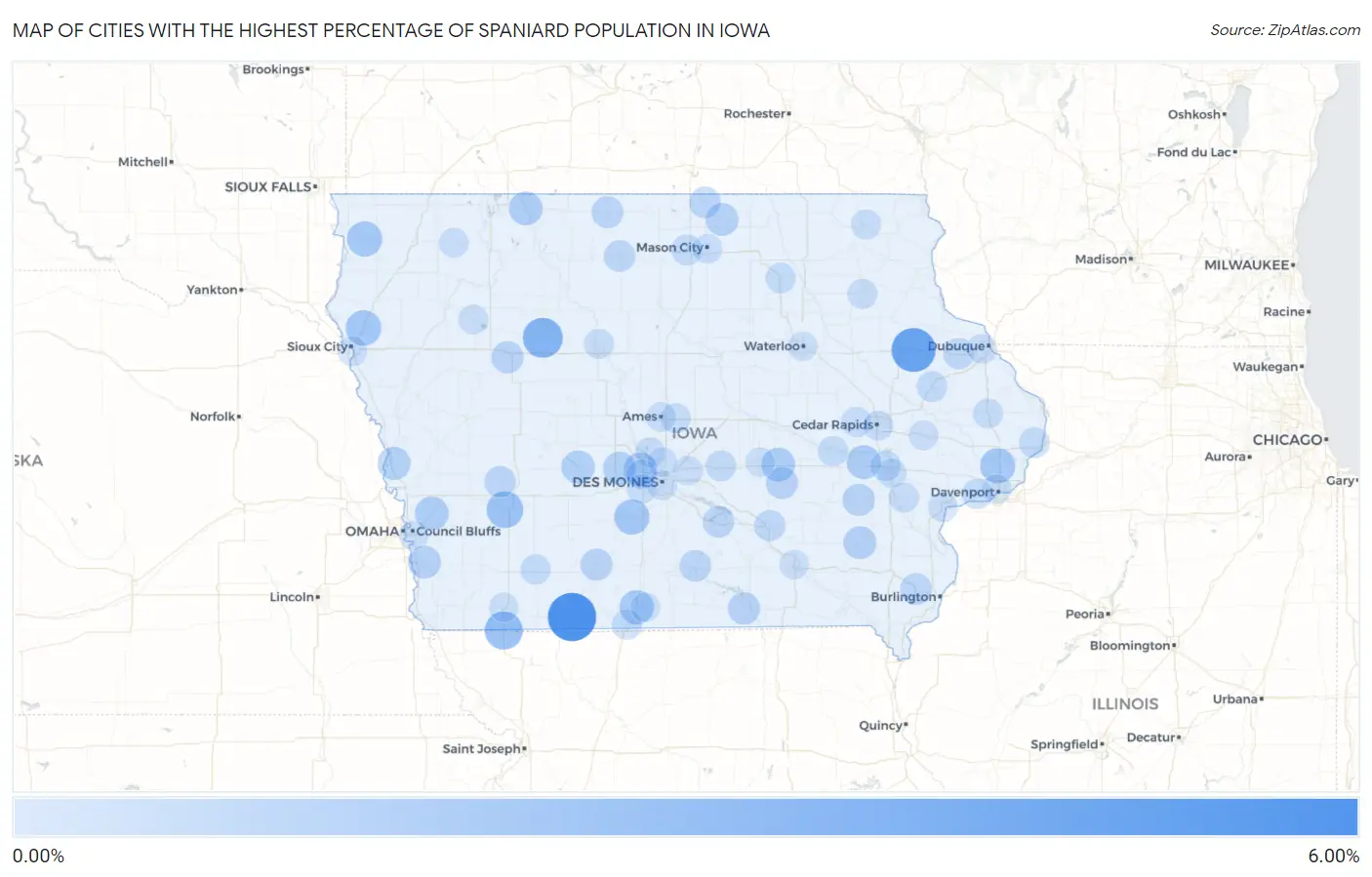 Cities with the Highest Percentage of Spaniard Population in Iowa Map
