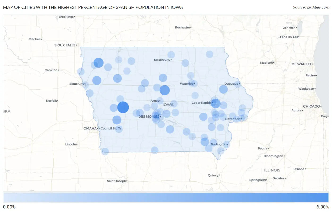 Cities with the Highest Percentage of Spanish Population in Iowa Map