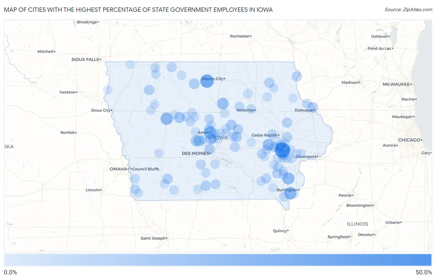 Cities with the Highest Percentage of State Government Employees in Iowa Map
