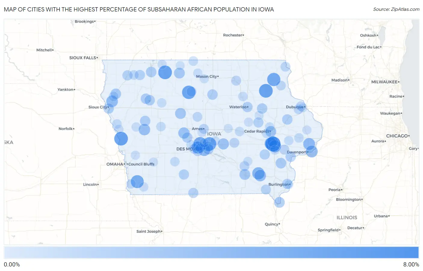 Cities with the Highest Percentage of Subsaharan African Population in Iowa Map