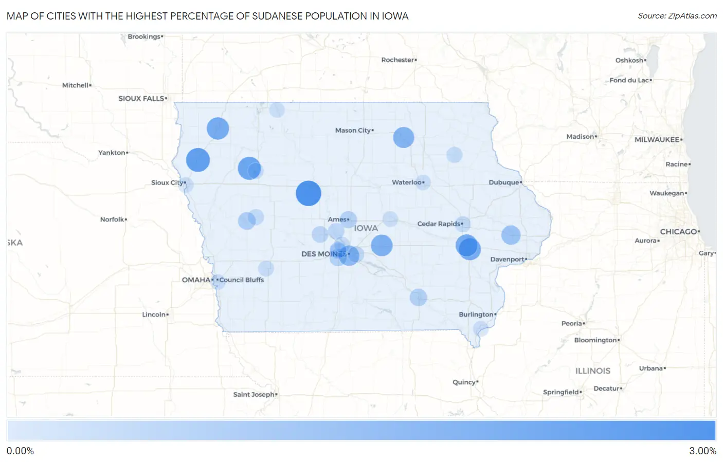 Cities with the Highest Percentage of Sudanese Population in Iowa Map