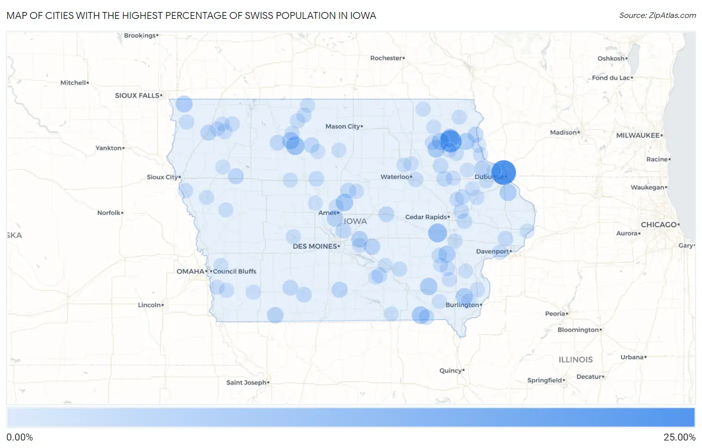 Cities with the Highest Percentage of Swiss Population in Iowa Map