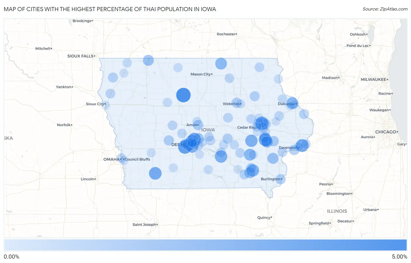 Cities with the Highest Percentage of Thai Population in Iowa Map