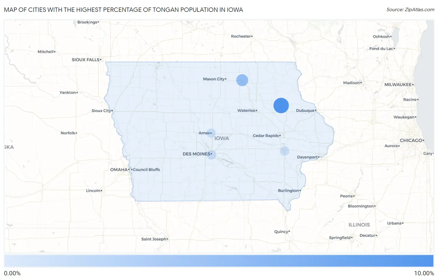 Cities with the Highest Percentage of Tongan Population in Iowa Map