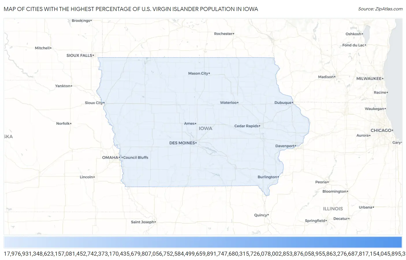 Cities with the Highest Percentage of U.S. Virgin Islander Population in Iowa Map