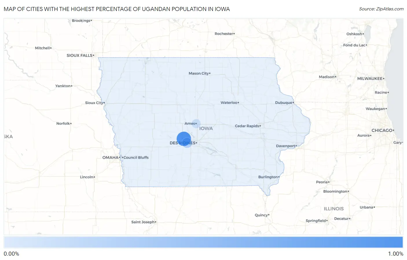Cities with the Highest Percentage of Ugandan Population in Iowa Map