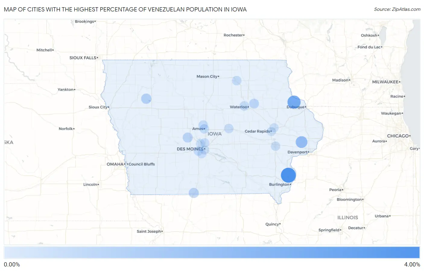 Cities with the Highest Percentage of Venezuelan Population in Iowa Map