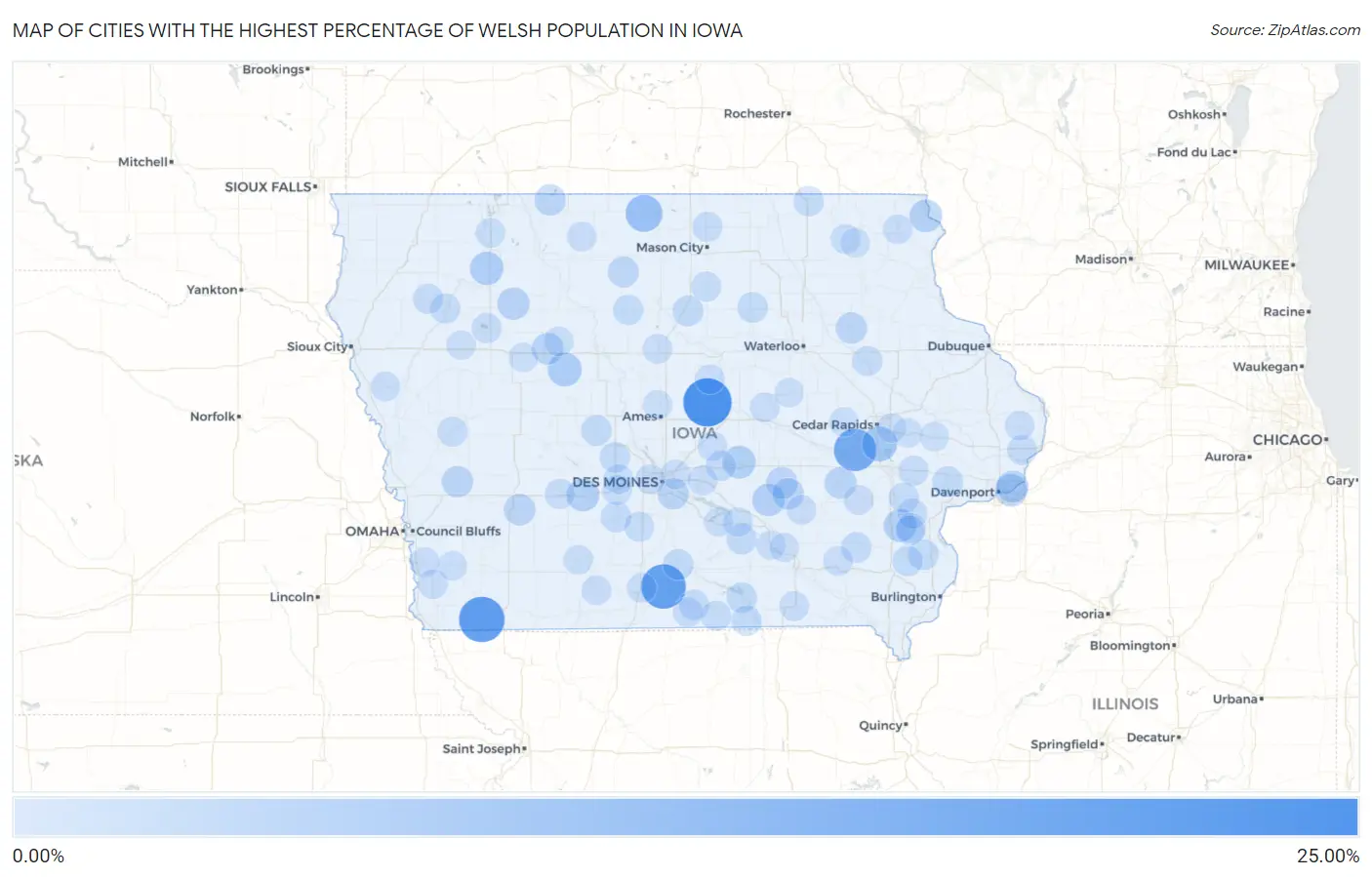Cities with the Highest Percentage of Welsh Population in Iowa Map