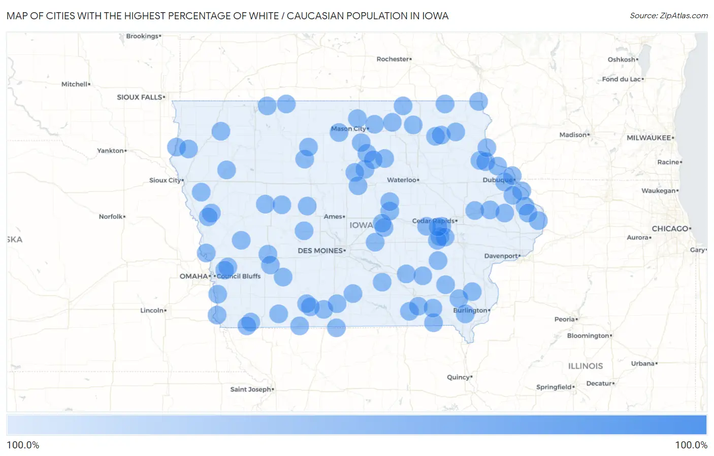 Cities with the Highest Percentage of White / Caucasian Population in Iowa Map