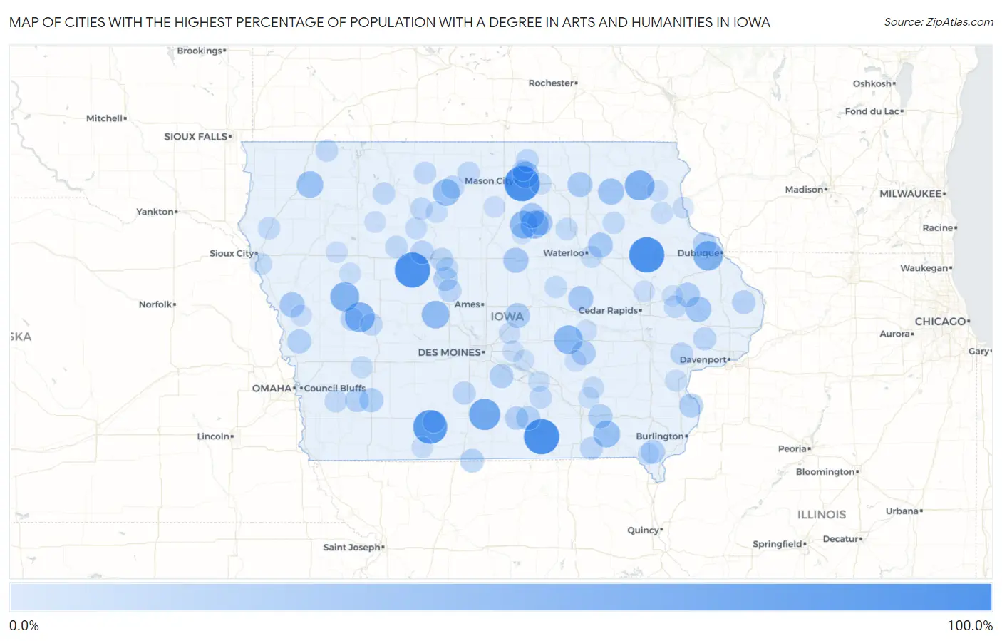 Cities with the Highest Percentage of Population with a Degree in Arts and Humanities in Iowa Map