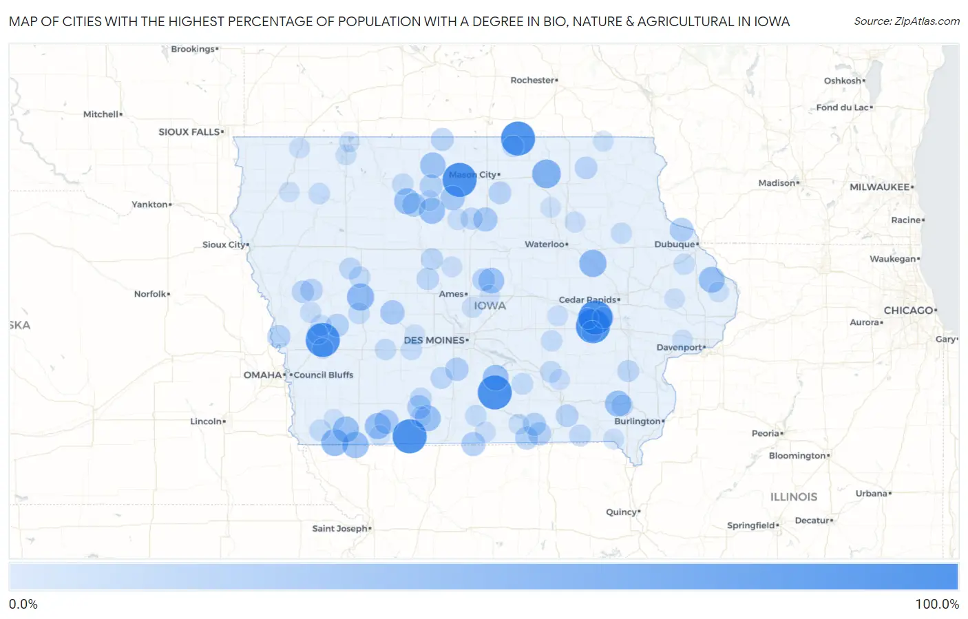 Cities with the Highest Percentage of Population with a Degree in Bio, Nature & Agricultural in Iowa Map