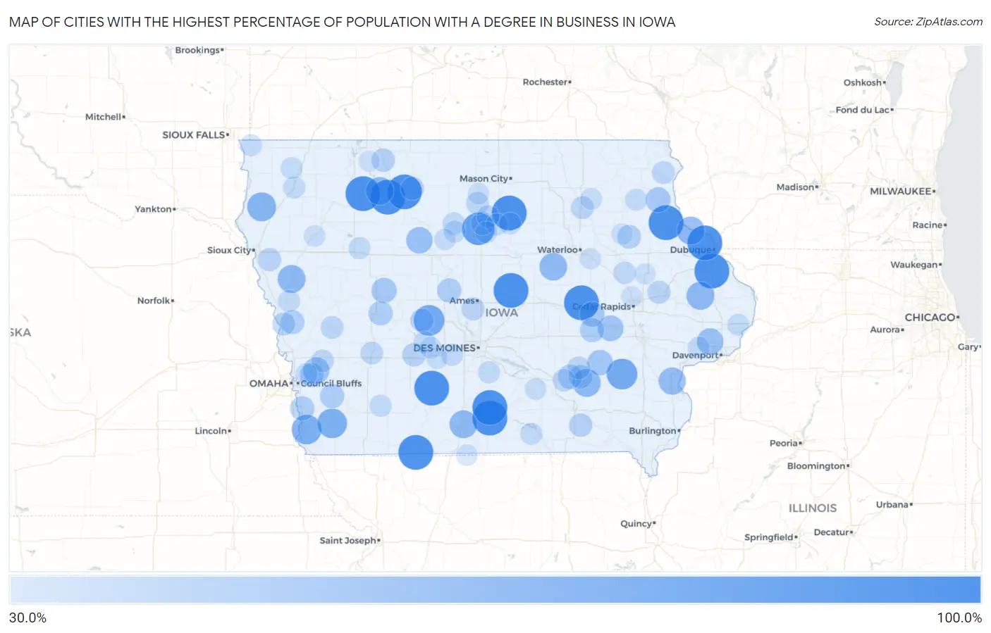 Cities with the Highest Percentage of Population with a Degree in Business in Iowa Map