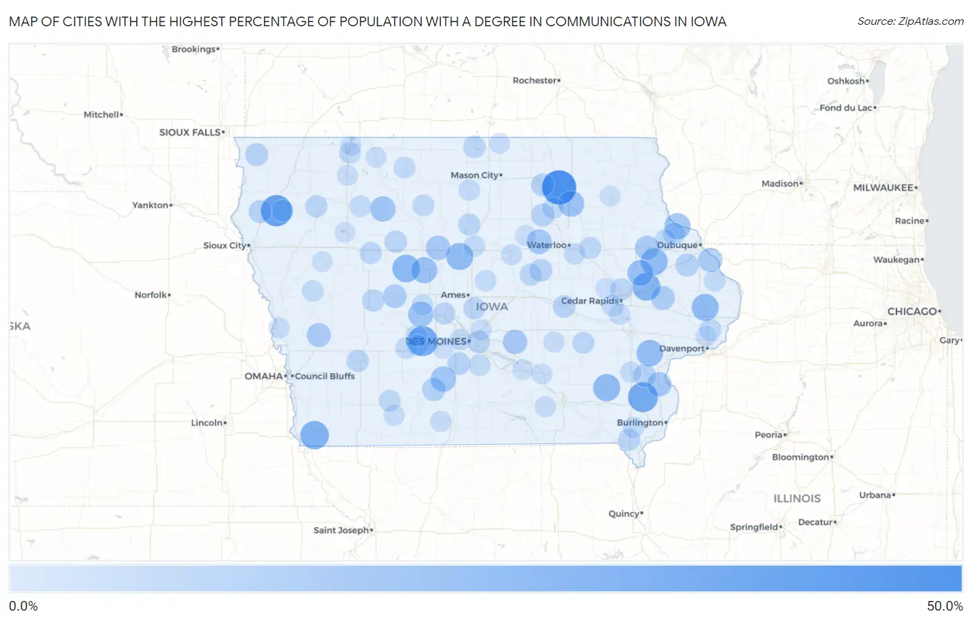 Cities with the Highest Percentage of Population with a Degree in Communications in Iowa Map