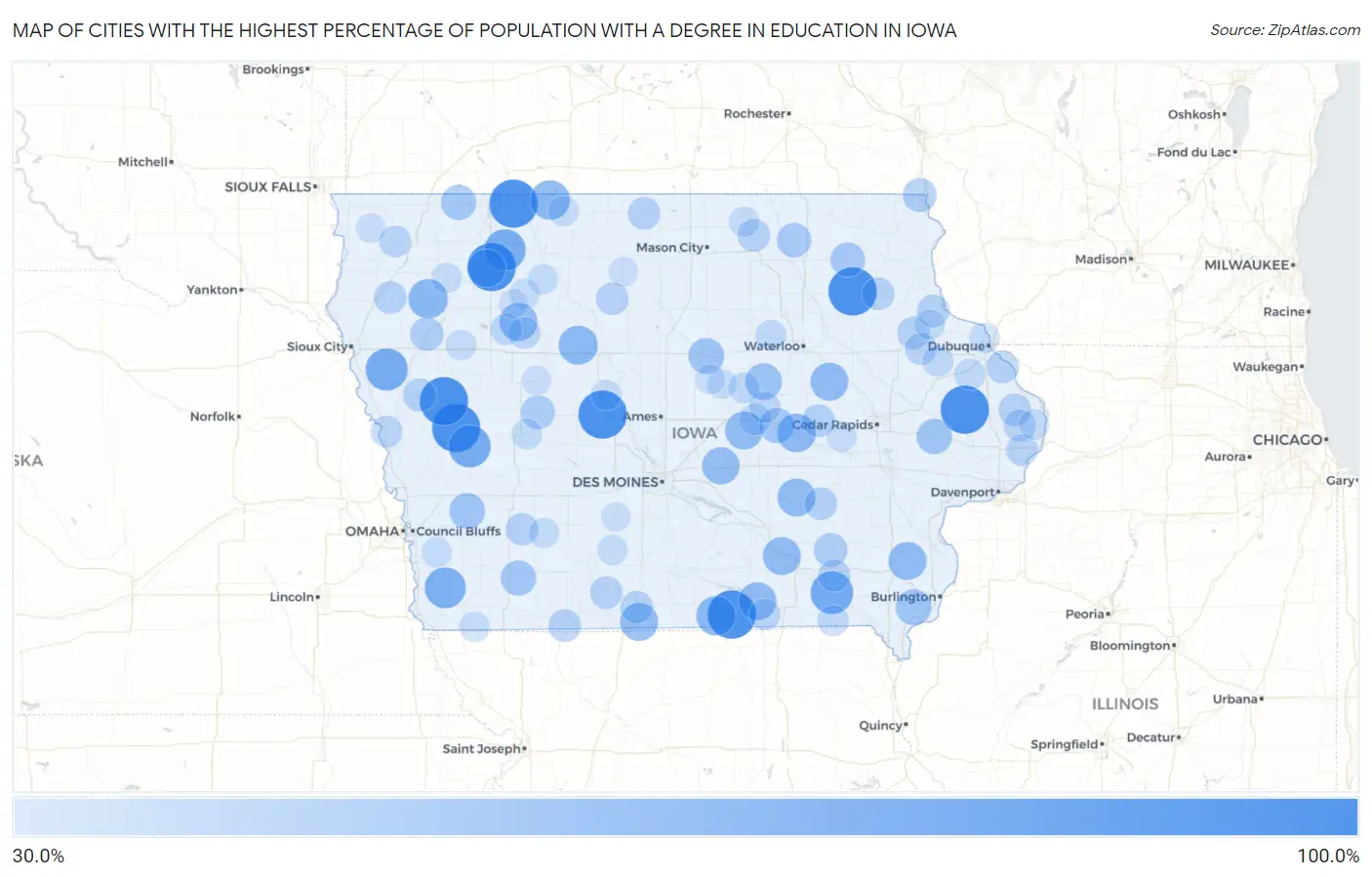 Cities with the Highest Percentage of Population with a Degree in Education in Iowa Map