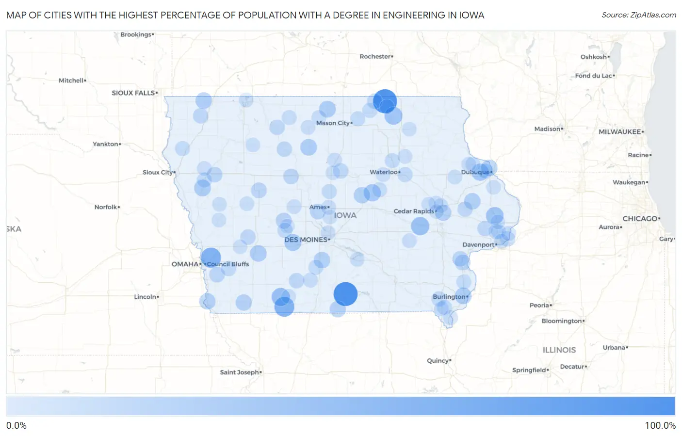 Cities with the Highest Percentage of Population with a Degree in Engineering in Iowa Map
