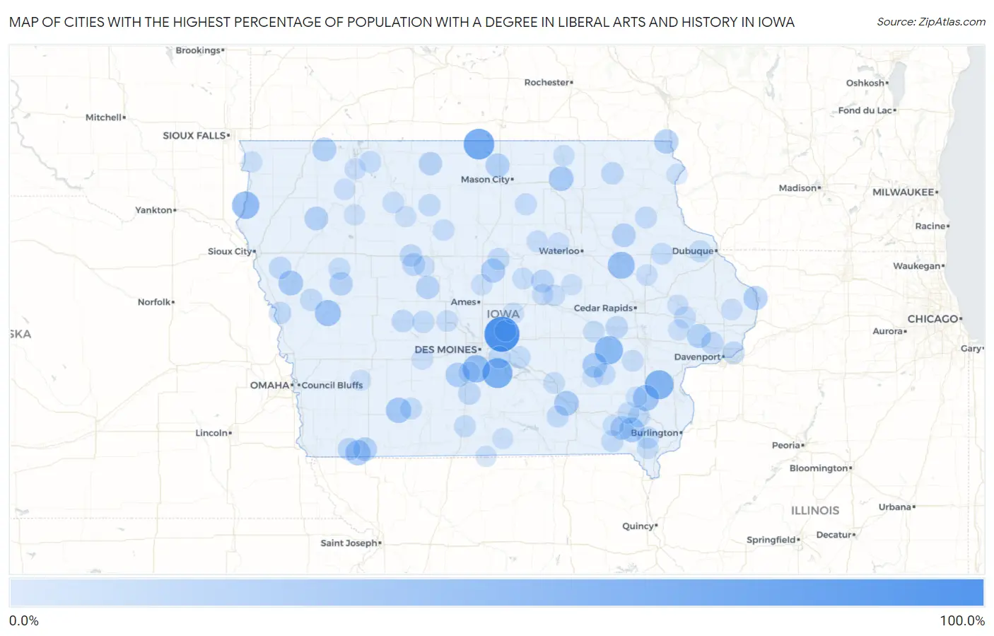 Cities with the Highest Percentage of Population with a Degree in Liberal Arts and History in Iowa Map