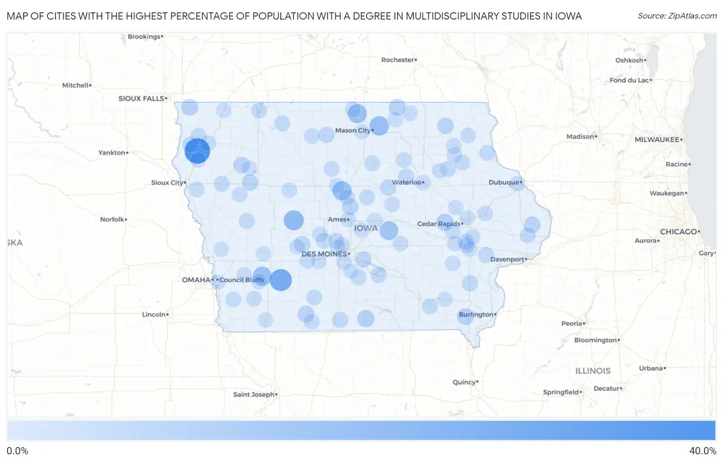 Cities with the Highest Percentage of Population with a Degree in Multidisciplinary Studies in Iowa Map