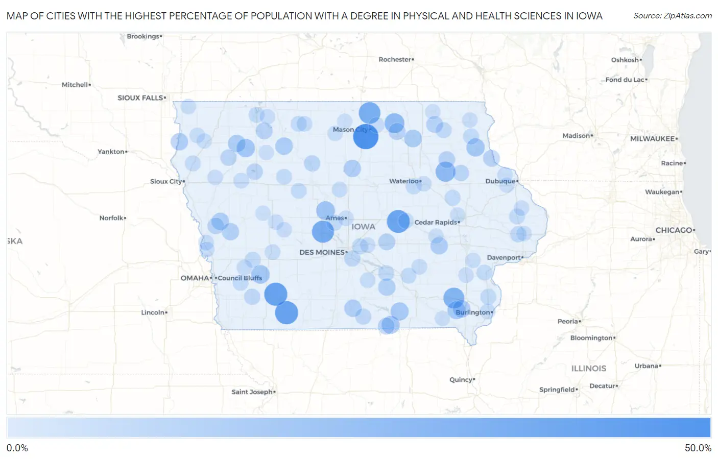 Cities with the Highest Percentage of Population with a Degree in Physical and Health Sciences in Iowa Map